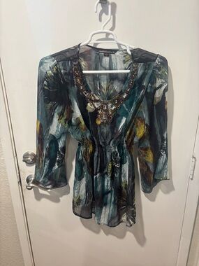 Sienna Rose Teal Multi Beaded V-Neck Sheer Tunic